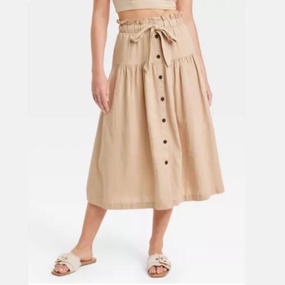 Universal Thread Women's Tan Tie Waist Button Front Midi Skirt Size S - Picture 1 of 6